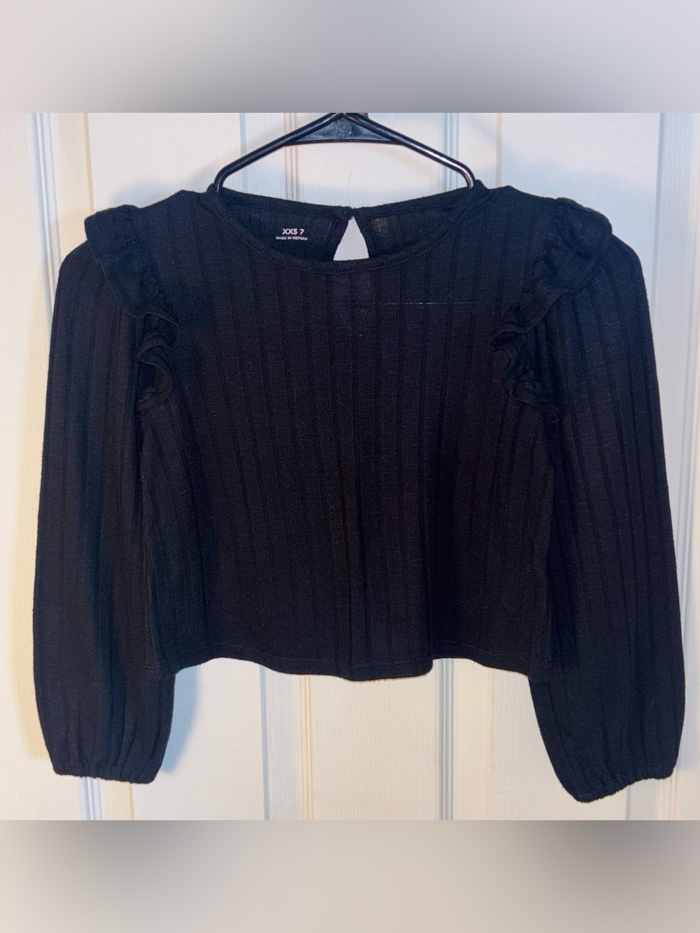 EVSIE Girls Black Ribbed Long Sleeve Ruffle Top | XXS 7 | From, MAURICES